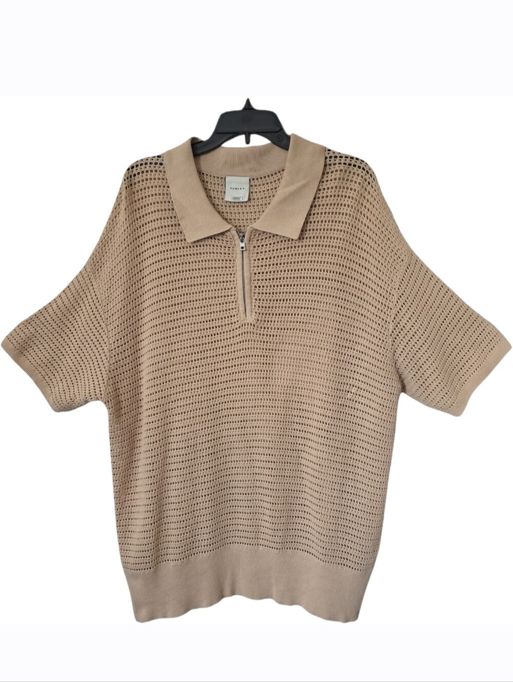 Varley Clayton Polo Open Weave  Knit Shirt XL Beige